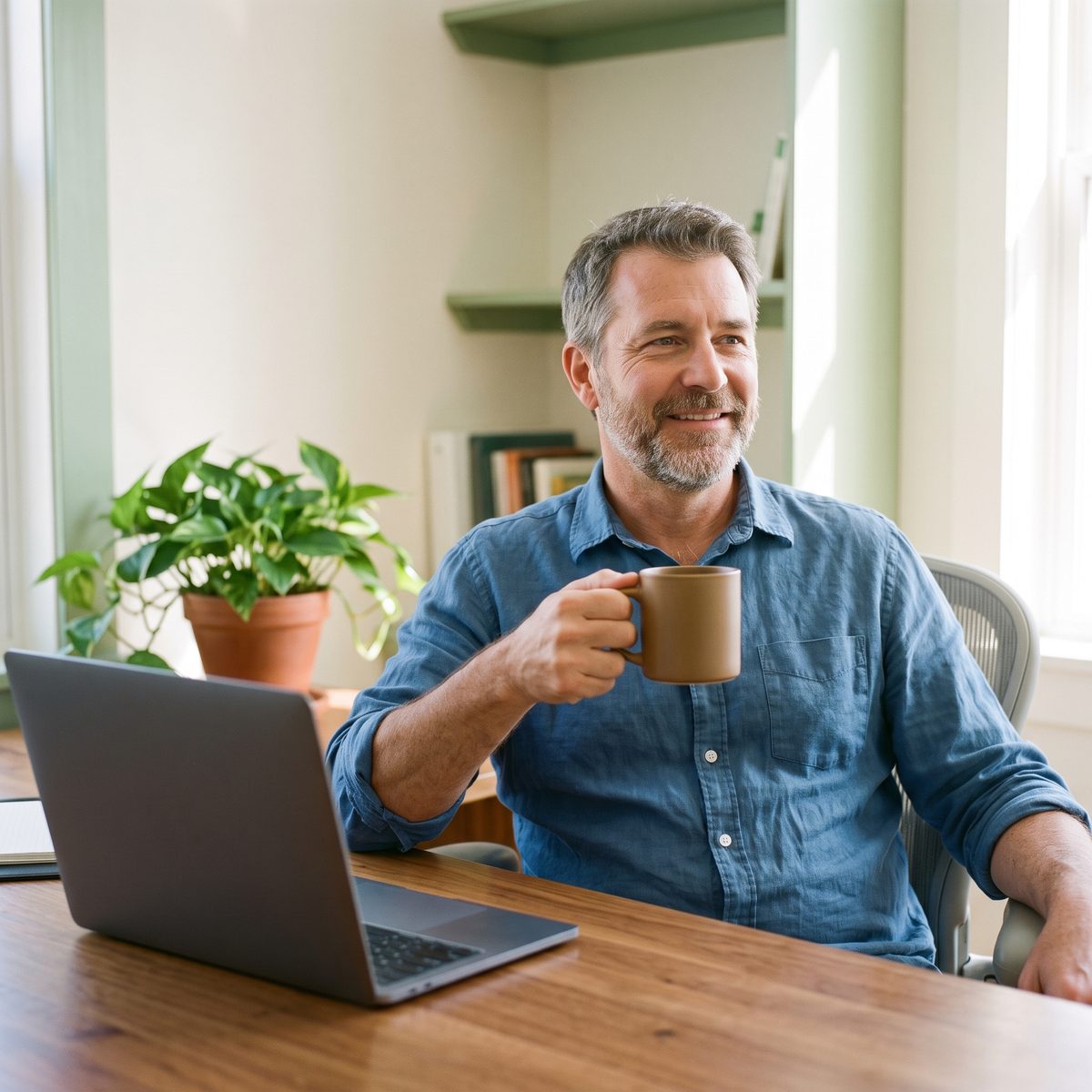 A business owner leans back with a coffee at his desk.
