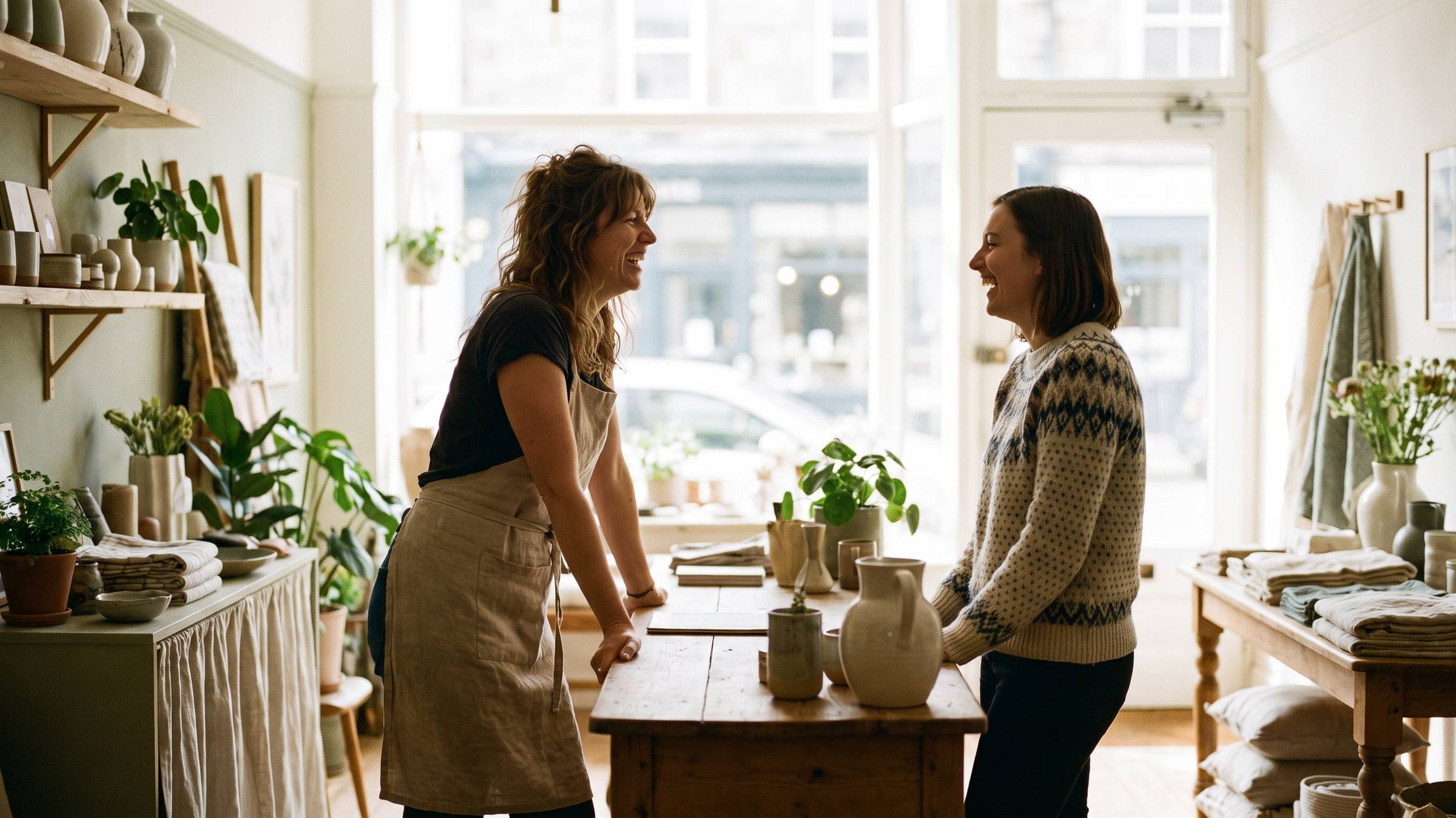 A shop owner laughs with a customer at the counter.