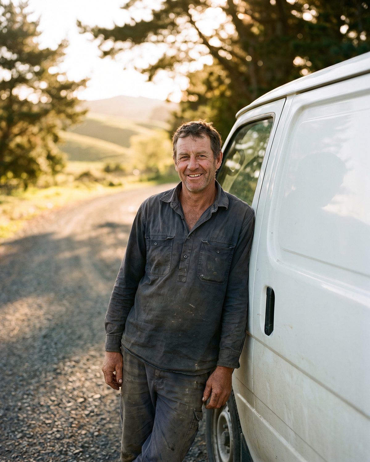 A tradesperson smiles as he leans on his van at the end of the day.