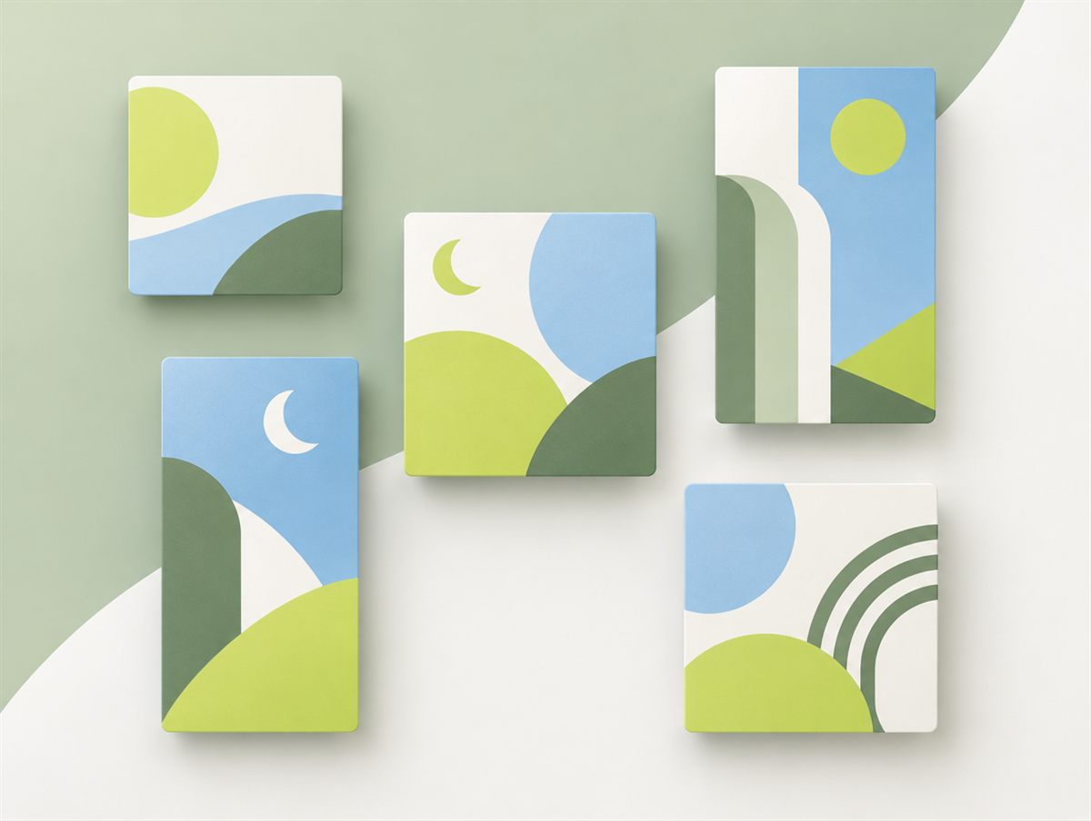 Illustration of ad concept cards in square and tall Story shapes, each with a different abstract composition in sage green, sky blue and lime.
