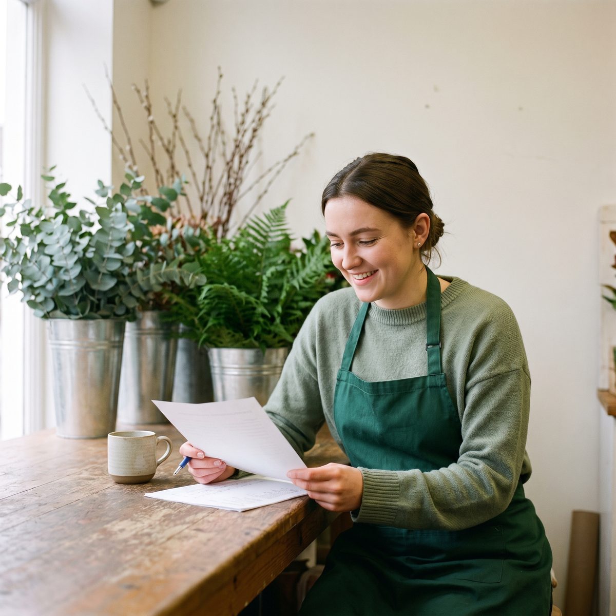 A florist at her shop counter reads through printed notes over a coffee.