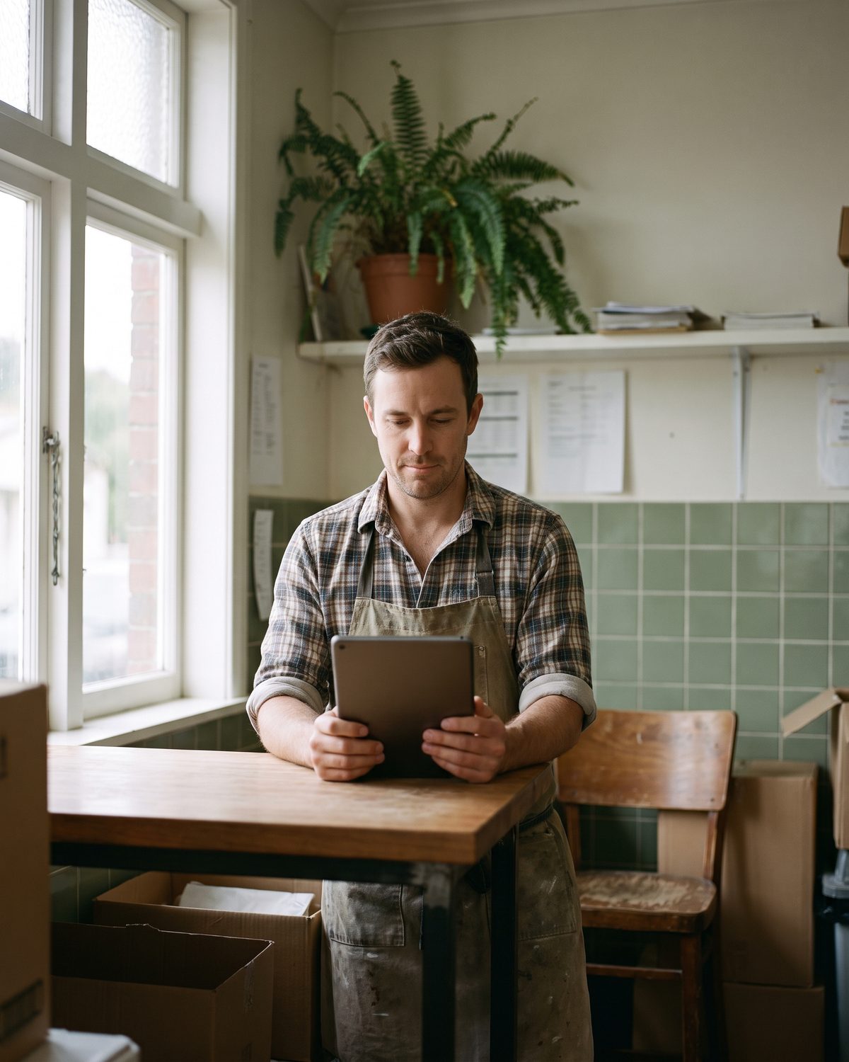 A bakery owner in an apron checks figures on a tablet at a bench by the window.