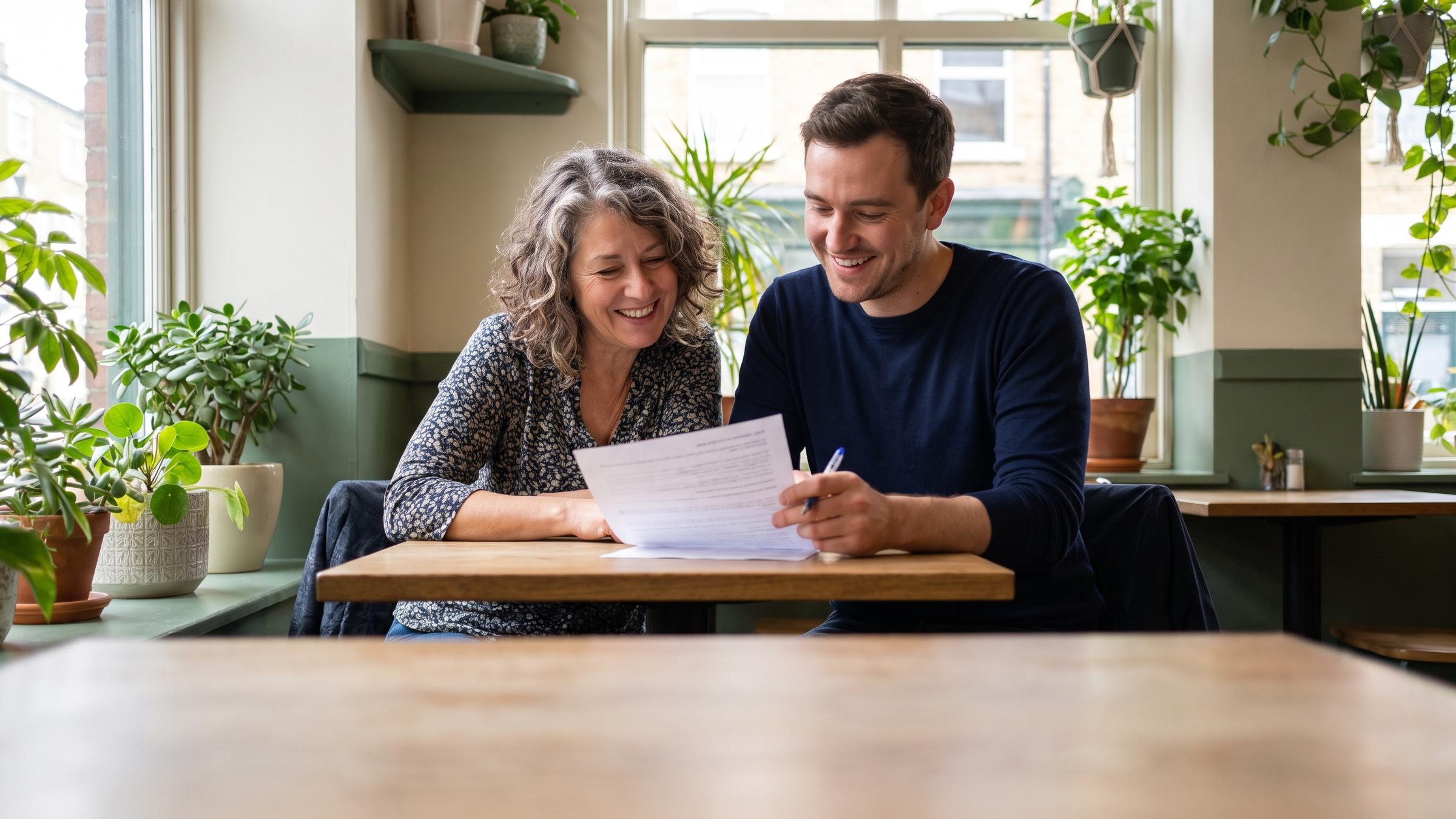 A business owner and an advisor smile as they go through a printed plan together.