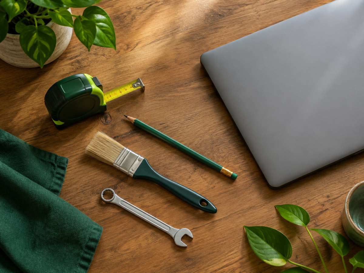 Flat lay of a tape measure, pencil, paintbrush, spanner and laptop on a timber bench.