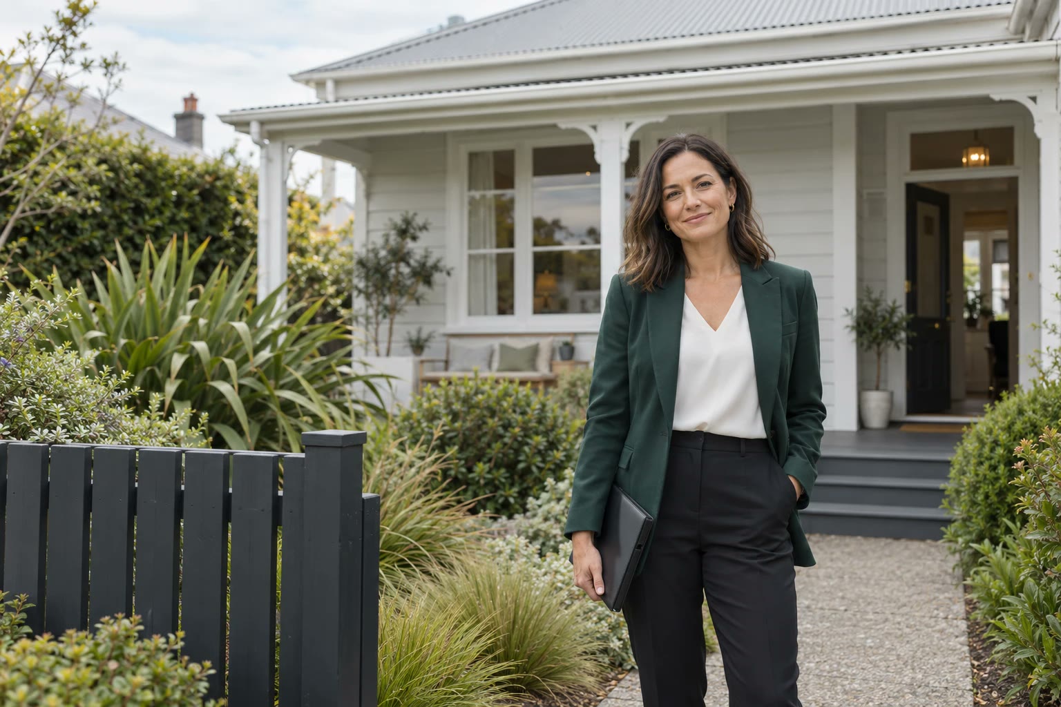 Real estate agent standing in front of a weatherboard villa with a native garden.